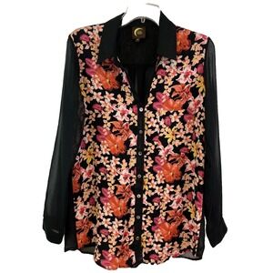Blu Moon Women's Top Size M Floral Black Pink Sheer Back & Sleeves Oversized